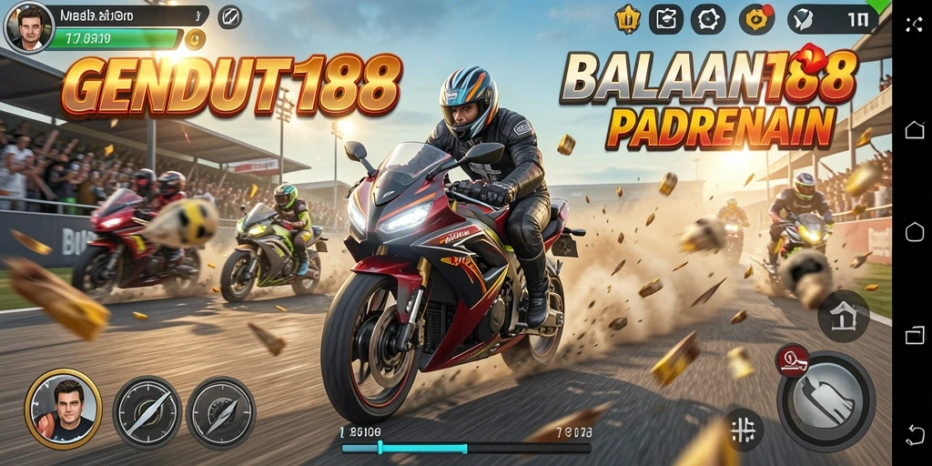 Screenshot gameplay GENDUT188 menunjukkan balapan motor yang mendebarkan.