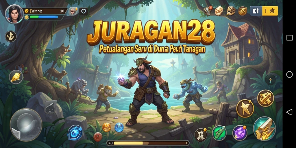 Tangkapan layar utama JURAGAN28 dengan karakter dalam aksi petualangan.