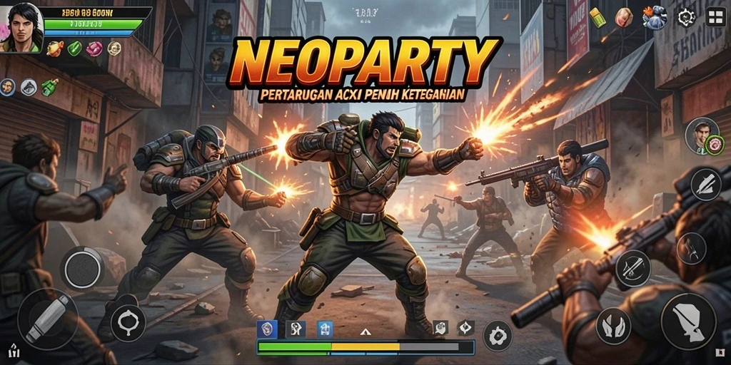 Screenshot NEOPARTY menampilkan aksi pertarungan yang mendebarkan.